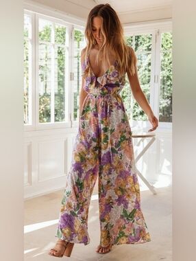 Floral Ruffle V-Neck Wide-Leg Jumpsuit - Purple & Yellow